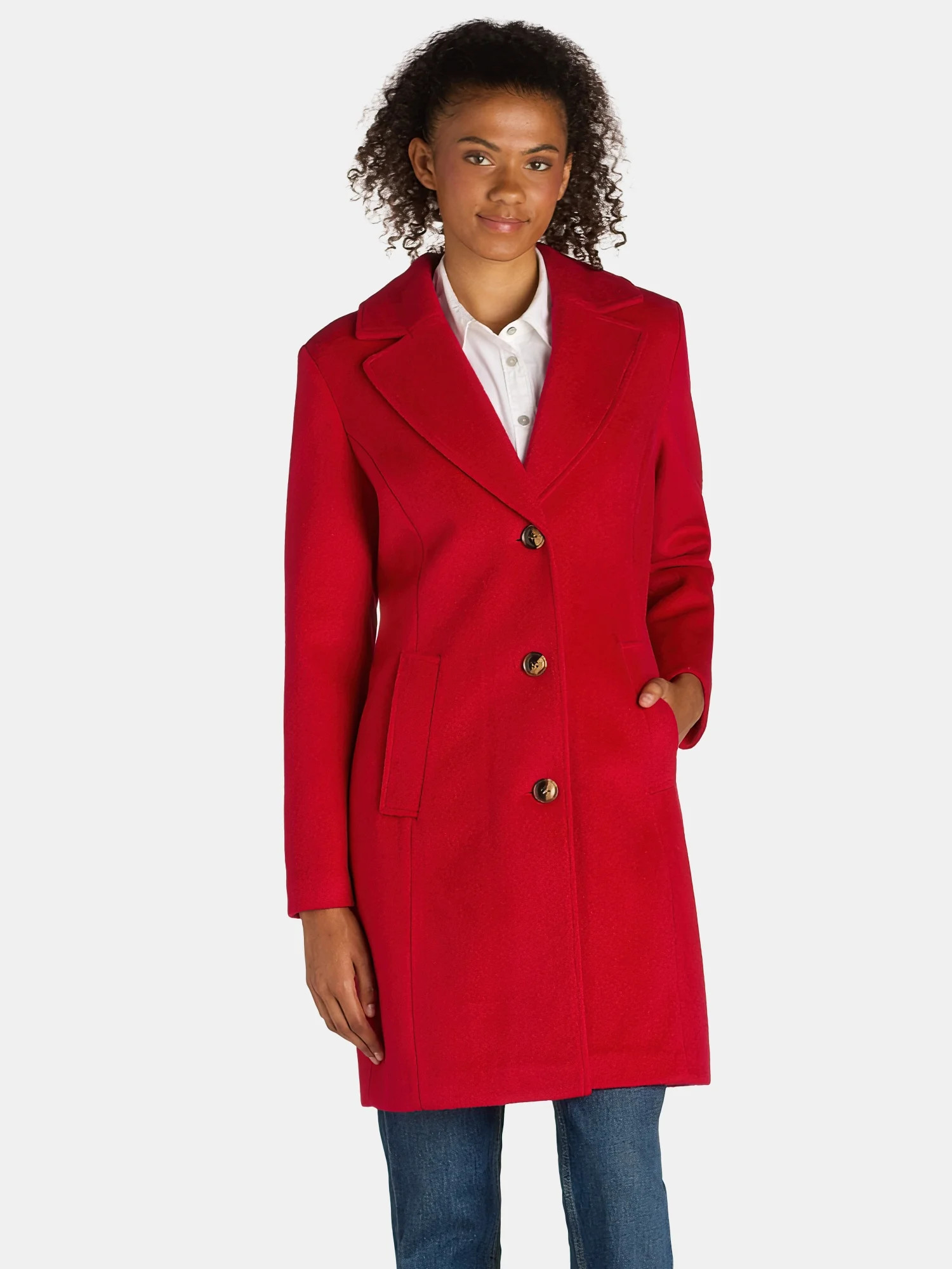 Time and Tru Women's and Women's Plus Faux Wool Solid Button Front Coat, Sizes XS-3X | Walmart (US)
