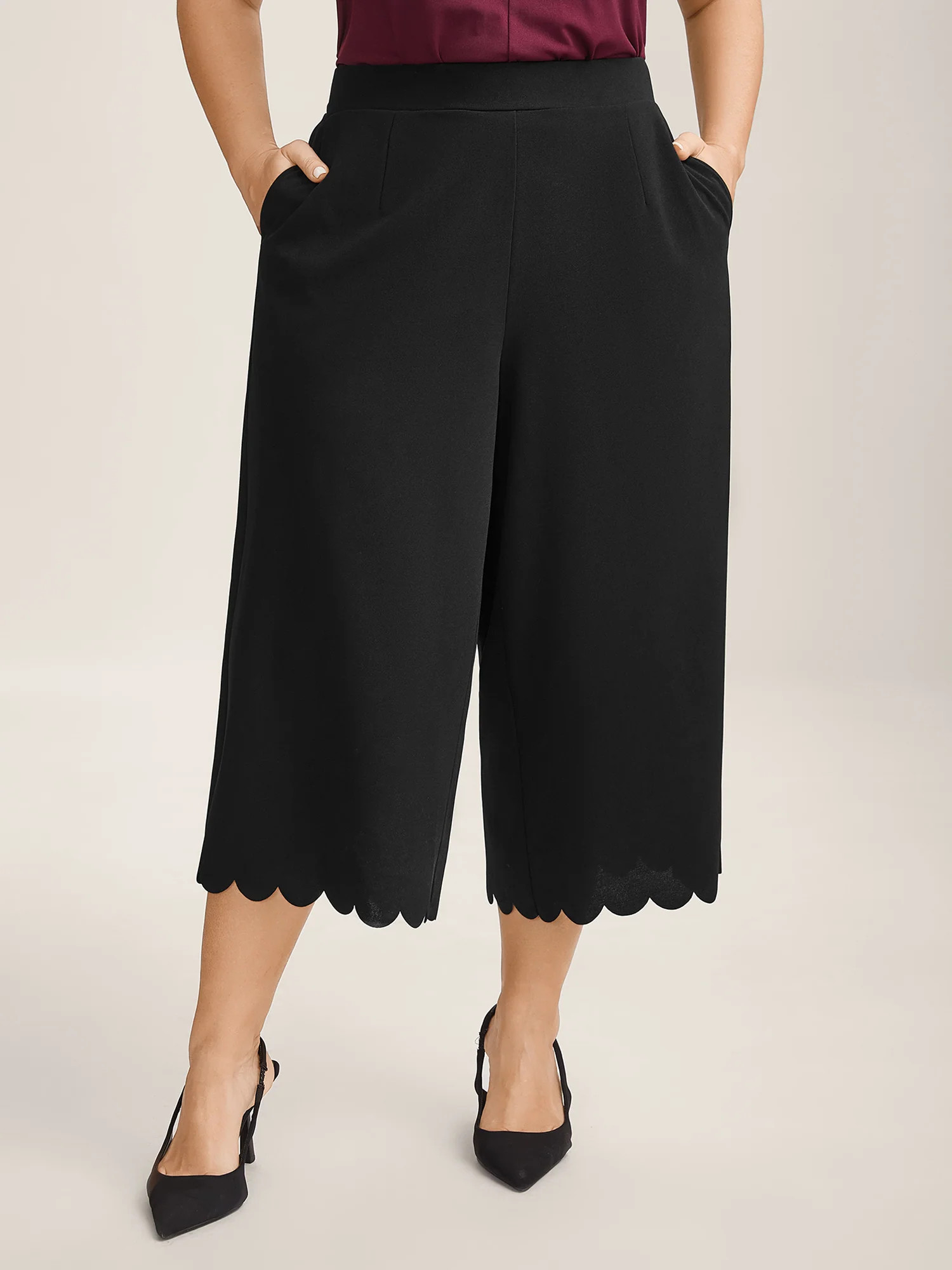 Scalloped Hem Wide-Leg Solid Pants | Bloomchic