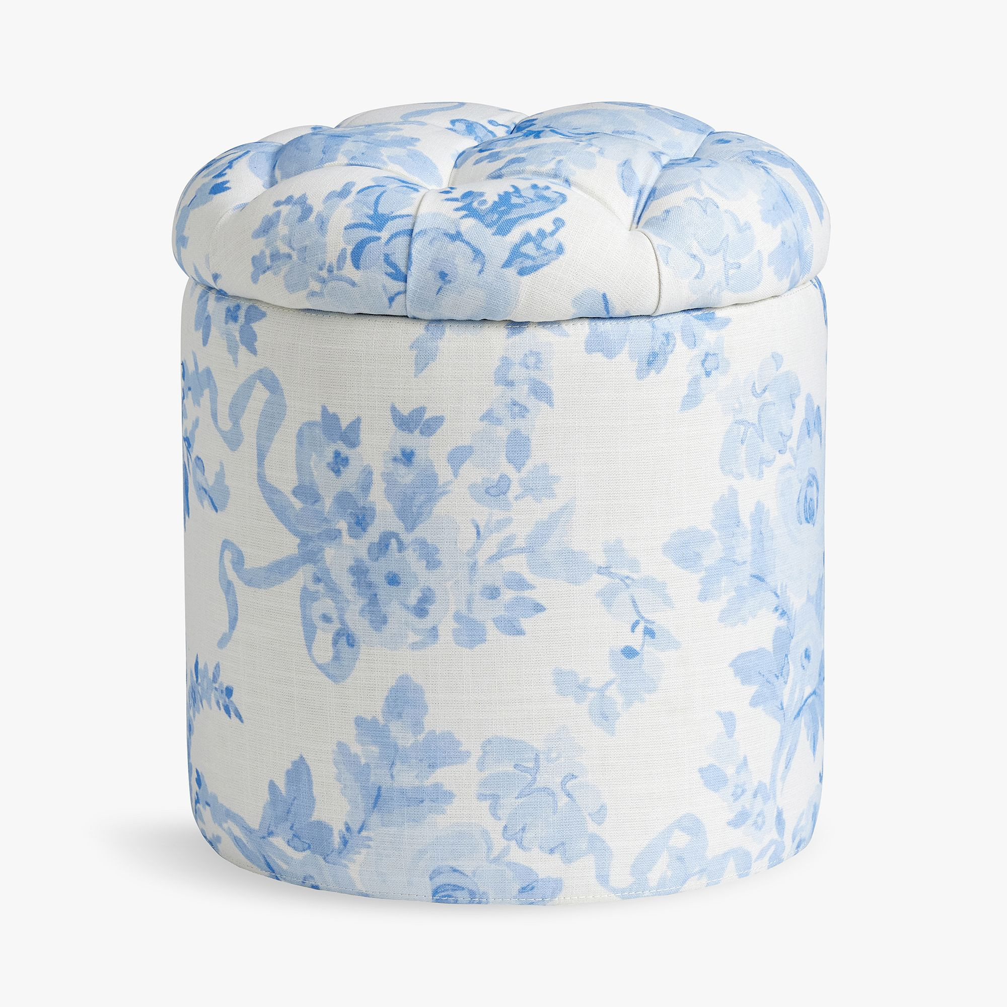LoveShackFancy Garden Damask Blue Tufted Round Storage Ottoman | Pottery Barn Teen