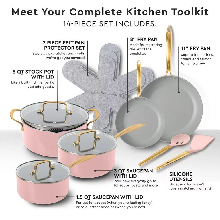 Styled Settings Pink Pots and Pans Set Nonstick - 15 PC Luxe Gold and Pink Cookware Set - Inducti... | Walmart (US)
