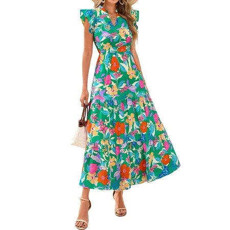 PRETTYGARDEN Women's Summer Floral Midi Dress Cap Sleeve V Neck Ruffle Long Flowy Boho Casual Beach Vacation Dresses | Walmart (US)