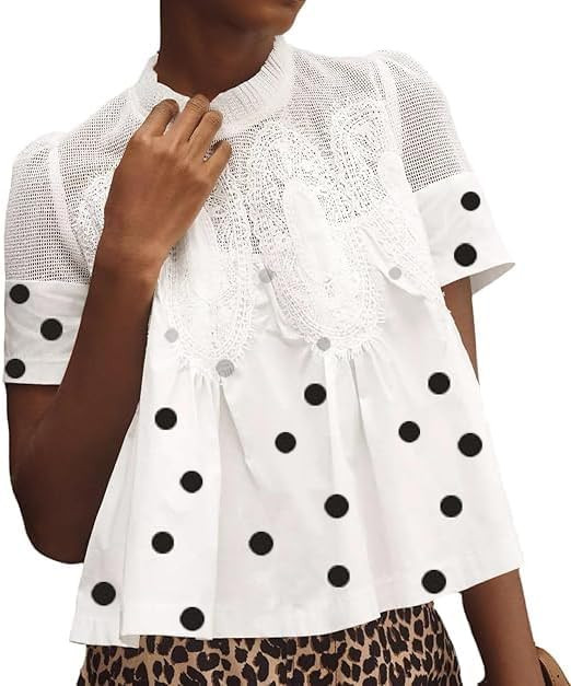 VAOYIU Women Lace-Detail Flared Blouse Short-Sleeve Crew Neck Flowy Mesh Swing Top Casual Dressy ... | Amazon (US)