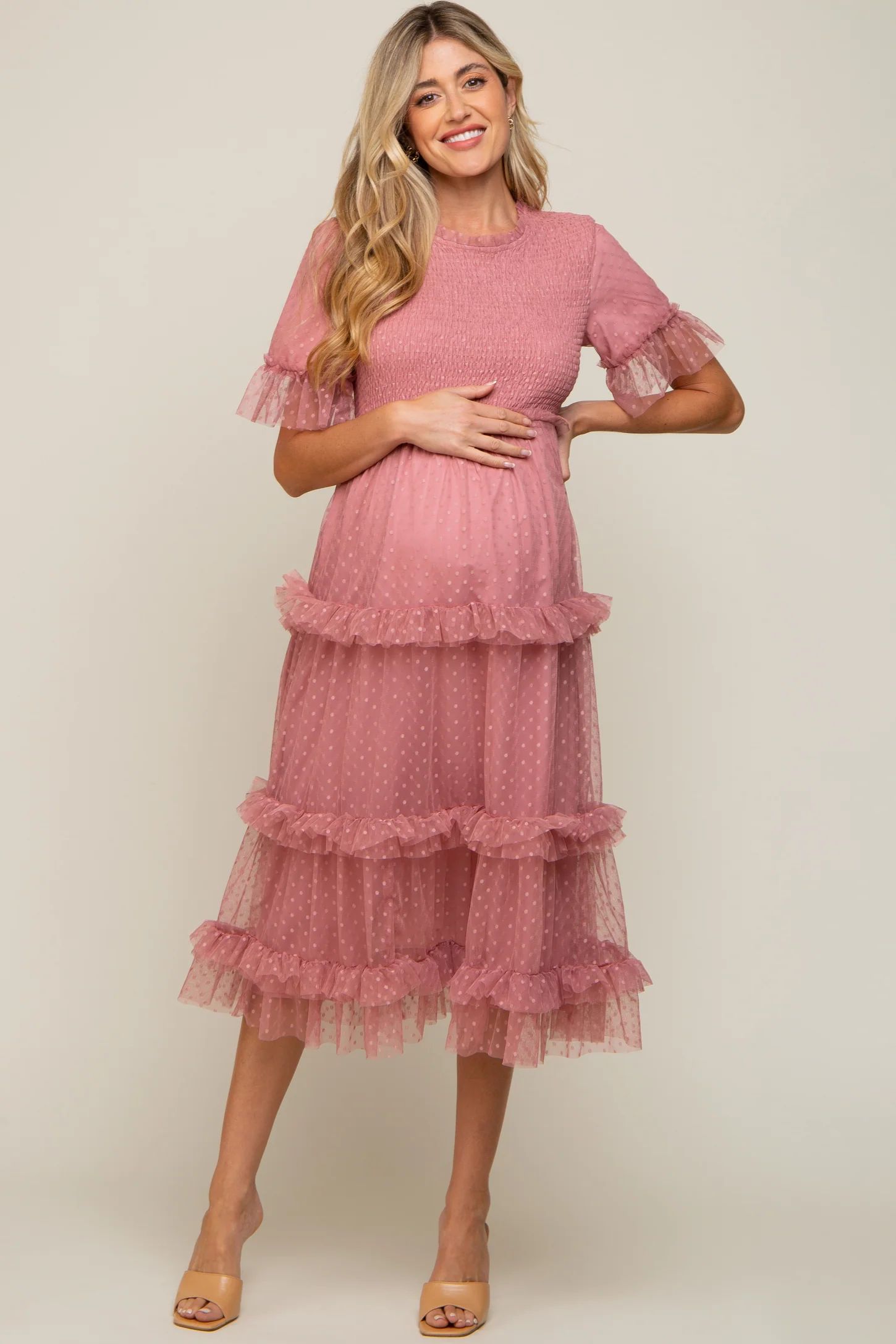 Pink Polka Dot Tulle Smocked Maternity Midi Dress | PinkBlush Maternity