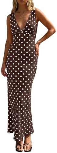 Wenrine Womens Summer Polka Dot Maxi Dress Mesh Wedding Guest Bodycon Sexy V Neck Sleeveless Part... | Amazon (US)