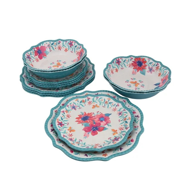 The Pioneer Woman Melamine Folk Geo 12-Piece Dinnerware Set, Teal | Walmart (US)