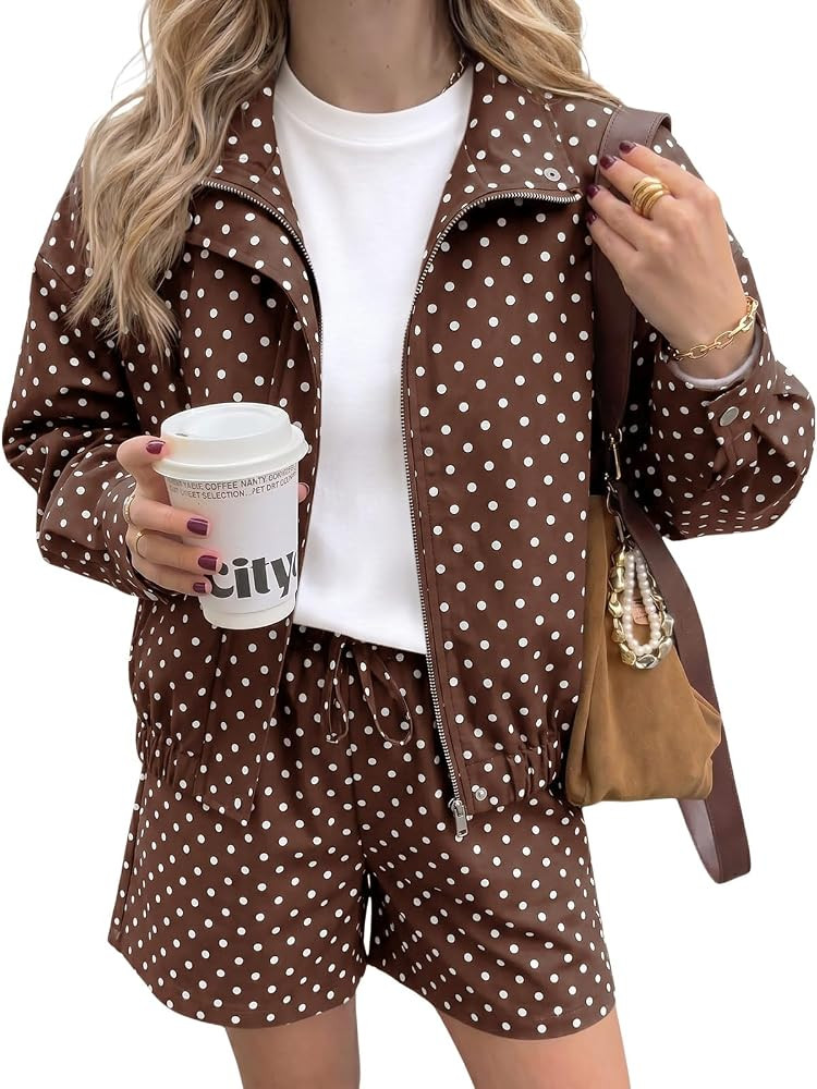 Tankaneo Womens Polka Dot 2 Piece Sets Zip Up Cropped Jackets Shorts Set | Amazon (US)