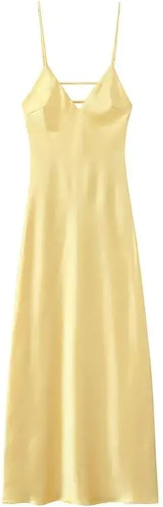 Women's Satin Yellow Dress Slim V-Neck Sleeveless Backless Party Street Cocktail Dress | Amazon (US)