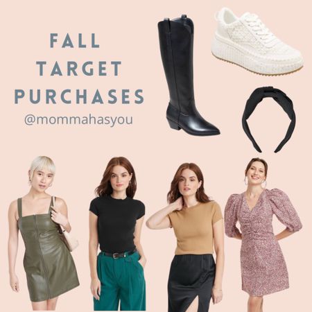 Fall capsule from target. Travel essentials. Easy pieces to pack. Must have tee shirt. Faux leather green olive perfect for the collet season. Puff sleeve dress. Knee high boots. Target dupe for designers. Ribbed shirt. Black low heel boots  

#LTKSeasonal #LTKshoecrush #LTKfindsunder50