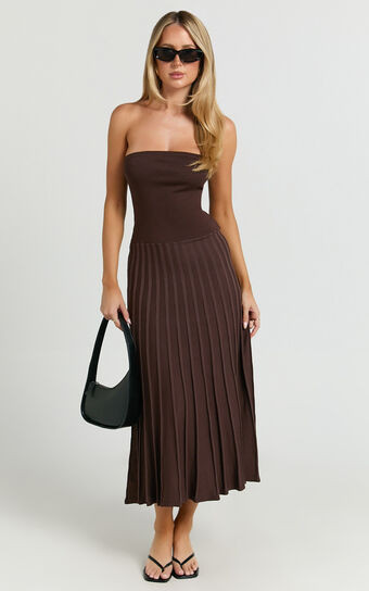 Paris Midi Dress - Strapless Drop Waist Pleated Knit Dress in Chocolate | Showpo (US, UK & Europe)