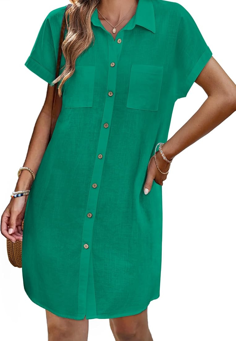 Zeagoo Womens Button Down Shirt Dress Summer Cotton Linen Dress V-Neck Mini Dress Casual Short Sl... | Amazon (US)