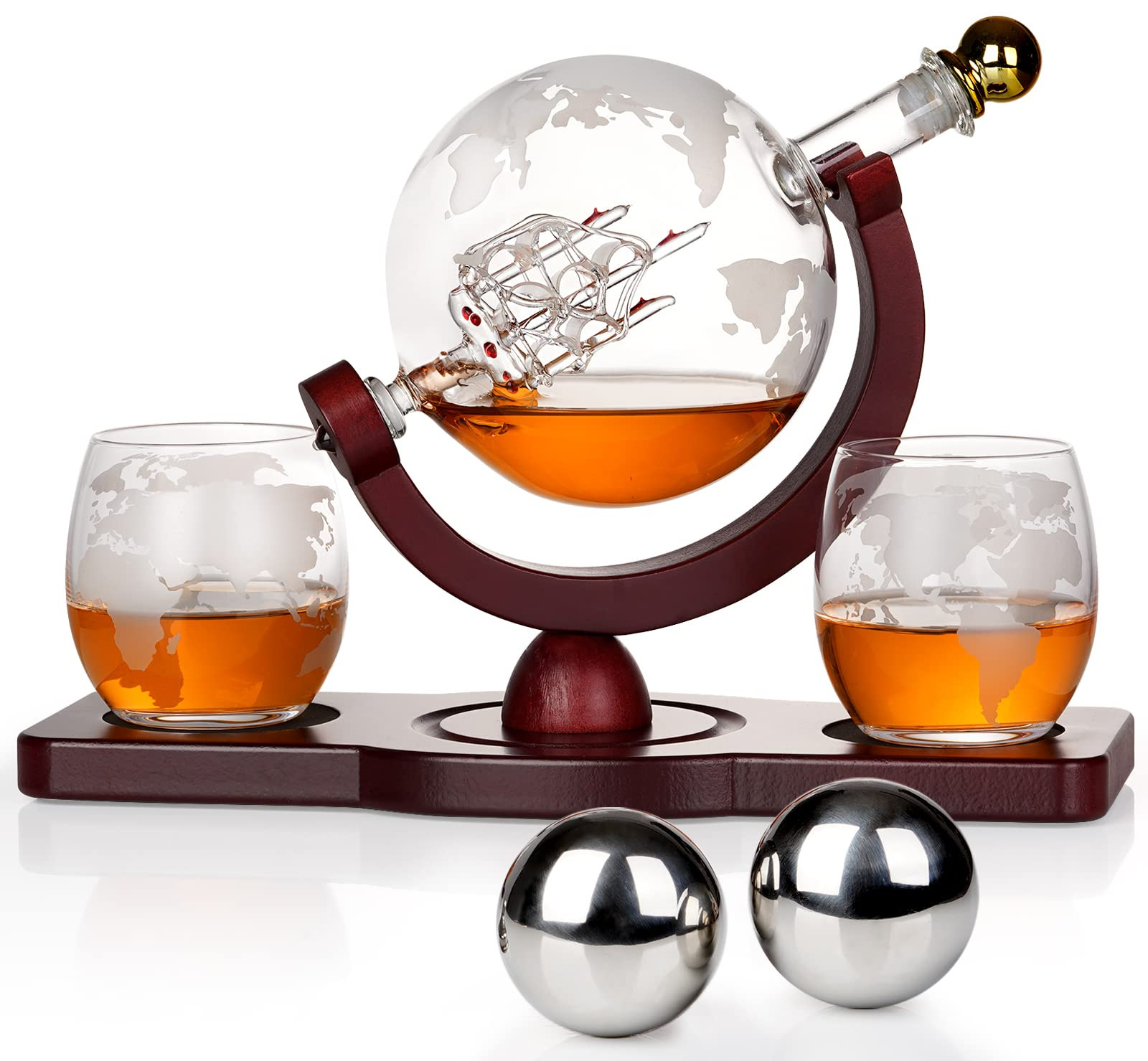 PONPUR Gifts for Men Dad Christmas, Whiskey Decanter Globe Set with 2 Ball Stones & 2 Glasses, An... | Amazon (US)