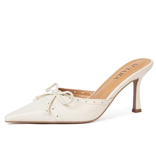 SUIARA White Kitten Heels for Women Pointed Toe Vintage Heeled Sandals Sexy Mules Bow Closed Toe Slip on Stiletto Dressy Pumps | Amazon (US)