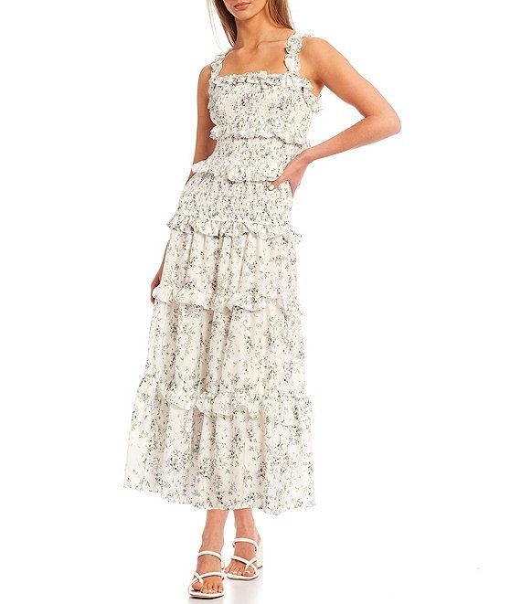 Priya Floral Square Neck Sleeveless Smocked Tiered Cotton Ruffle Voile Midi Dress | Dillards