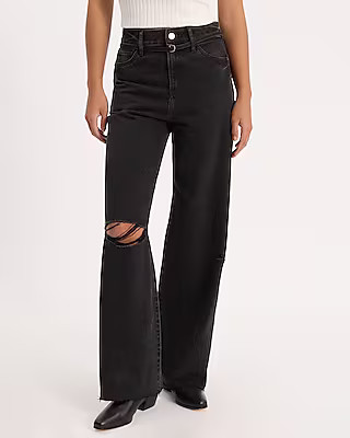 High Waisted Black Wash 50/50 Rigid Stretch Ripped Belted Wide Leg Jeans | Express