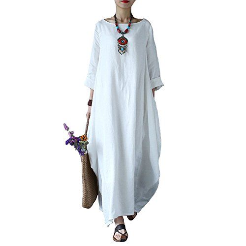 Celmia Women's 3/4 Sleeve Round Neck Solid Loose Baggy Long Maxi Dress Cotton Gown With Side Pockets | Amazon (US)