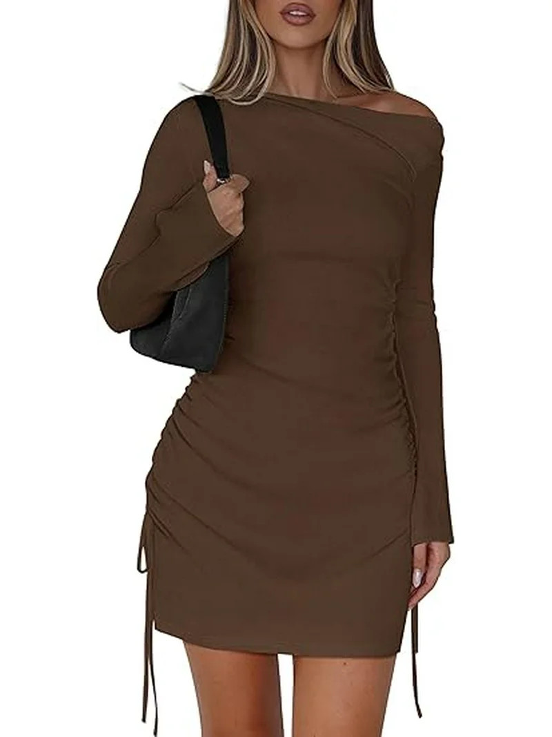 PRETTYGARDEN Women's Fall Off The Shoulder Dresses Casual Long Sleeve Ruched Side Slit Cocktail P... | Walmart (US)