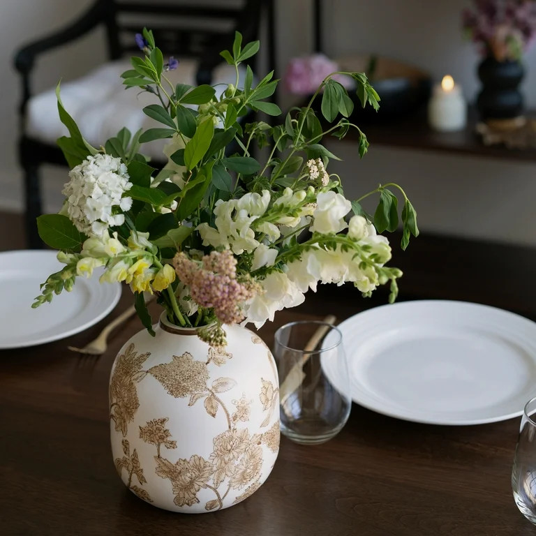 Home Decor Collection White Ceramic Brown Floral Painted Tabletop Vase | Walmart (US)