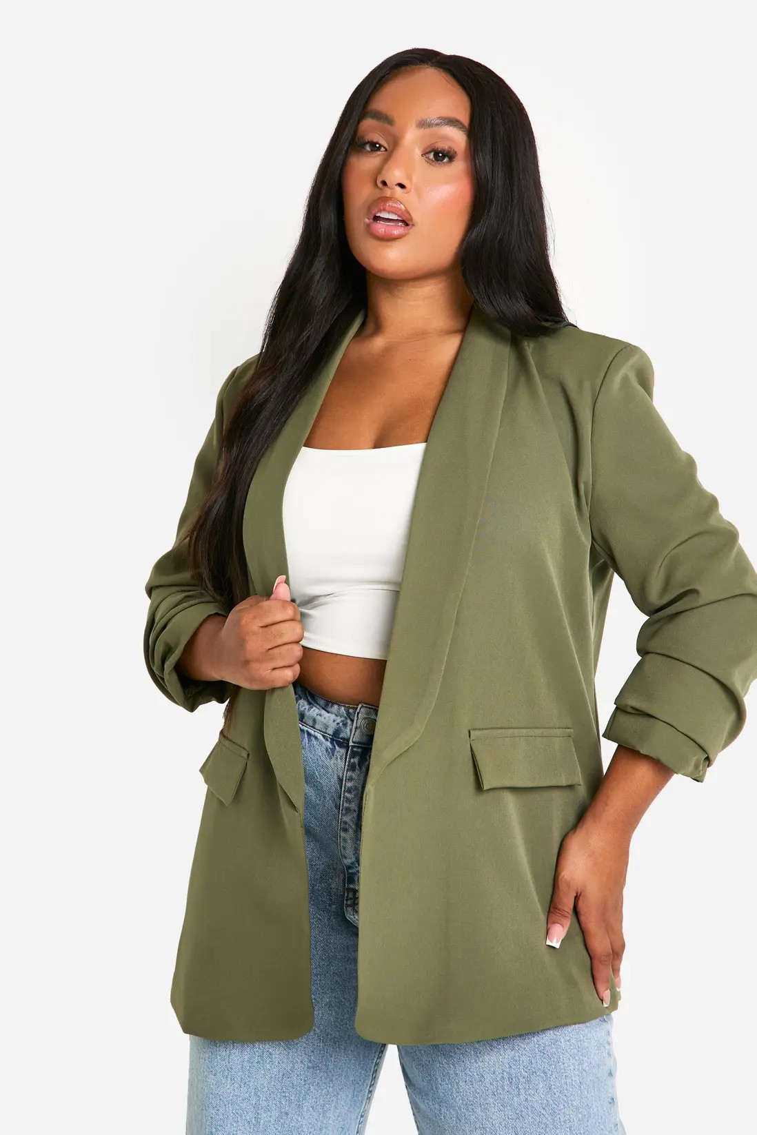 Khaki Plus Ruched Sleeve Lapel Detail Blazer | Boohoo USA | boohoo (US & Canada)