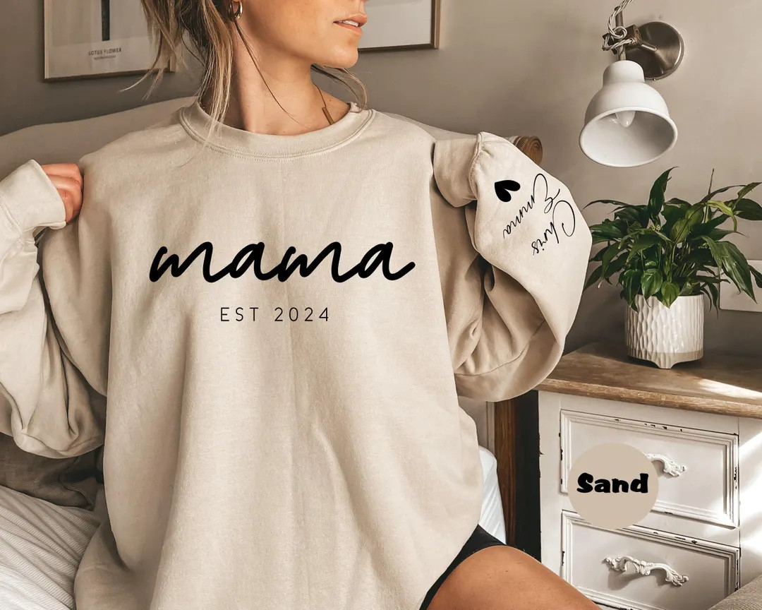 Personalized Mom and Est. Date Sweatshirt, Custom Mama Sweatshirt With Kids Name on Sleeve, Gift ... | Etsy (Global)