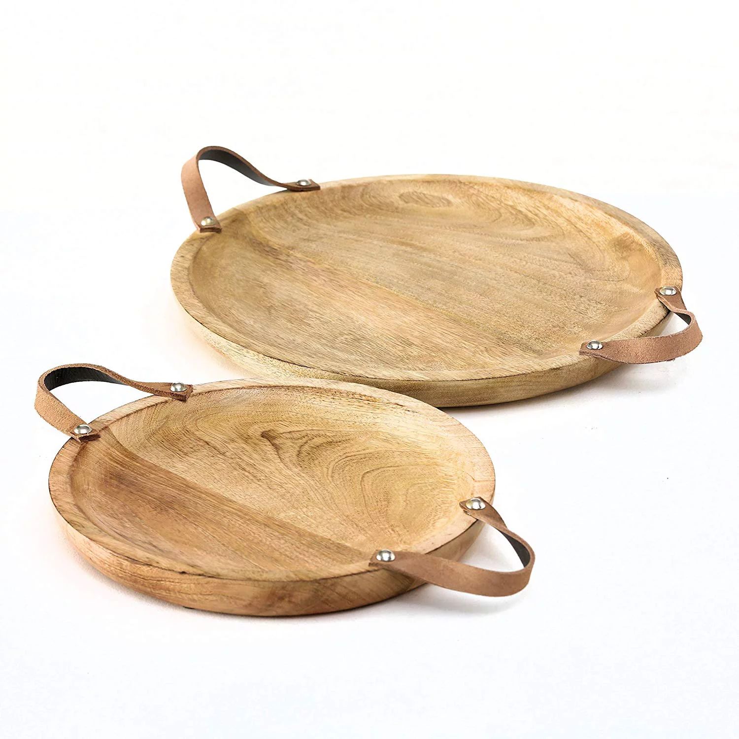 Mango Wood Board Servers, Set of 2, Brown Leather Handles, Rustic Rounds, for Cheese, Crackers, a... | Walmart (US)
