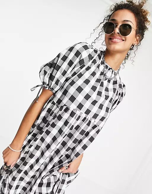 ASOS DESIGN gingham midi smock dress with puff sleeve and open back | ASOS (Global)