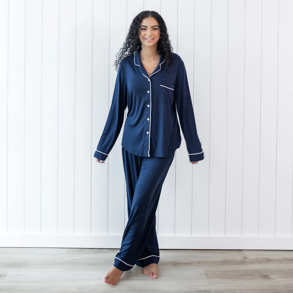 Long-Sleeved Women's Pajama Set in Navy with Cloud Trim | Kyte Baby
