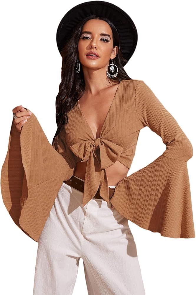 Women's Long Bell Sleeve V Neck Tie Front Rib Knit Crop Top Blouse | Amazon (US)