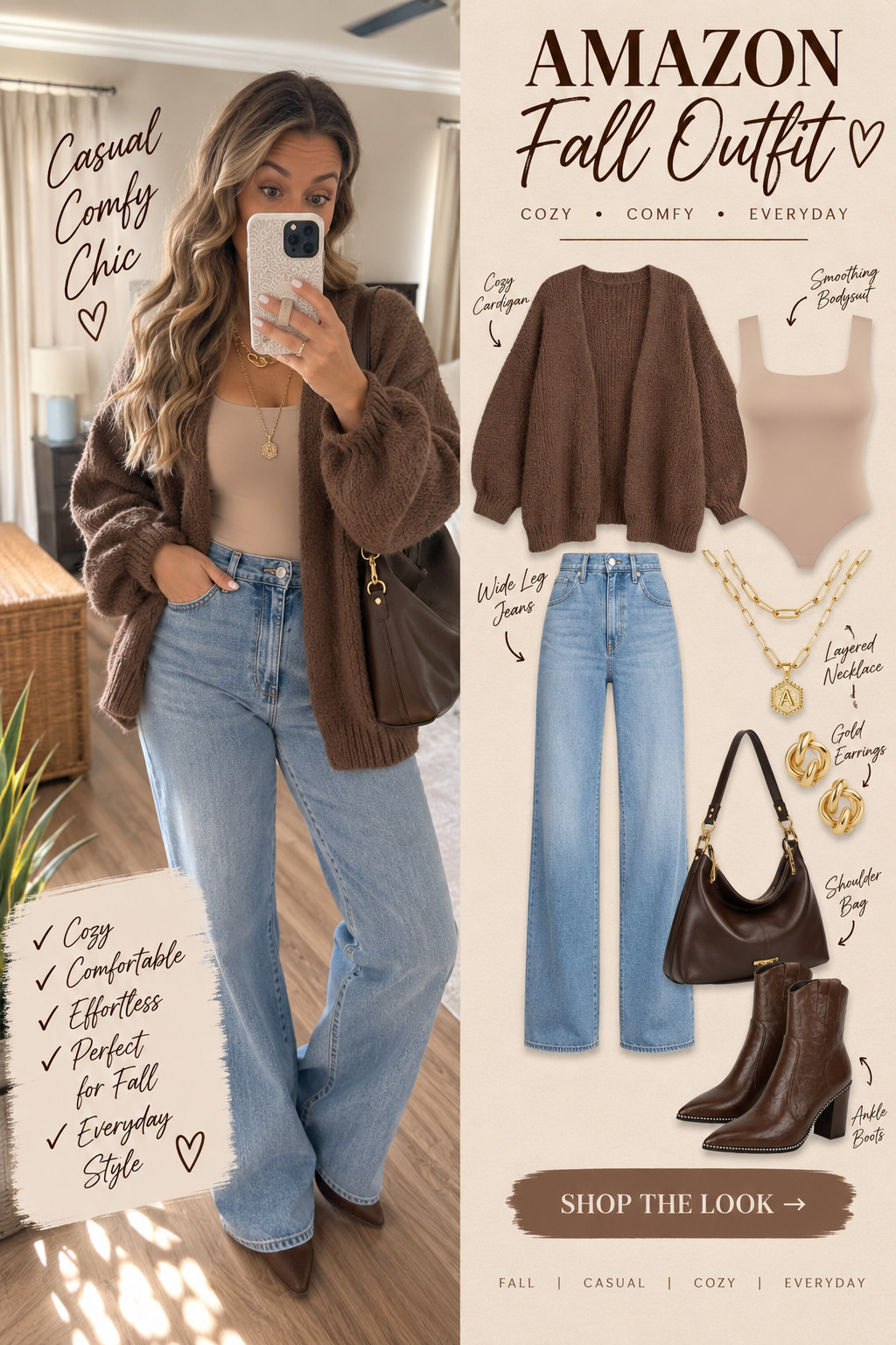 Chocolate brown + denim might be one of my favorite fall combinations. 🤎🍂
This outfit is giving cozy, effortless, but still put together — exactly what I want for everyday fall style.
The oversized brown cardigan paired with a smoothing bodysuit + wide-leg jeans is SO good, and the brown ankle boots and shoulder bag pull the whole look together.
Perfect for coffee dates, errands, lunch, casual date night or weekend plans.
🤎 Cozy cardigan
👖 Wide-leg denim
🤎 Neutral bodysuit
👢 Brown ankle boots
👜 Chocolate brown bag
✨ Gold accessories

Tap to shop the look!

#AmazonFashion #AmazonFinds #FallFashion #FallOutfit #BrownCardigan #WideLegJeans #FallStyle #LTKFall #LTKStyle 

 #LTKootd #LTKSeasonal #LTKU