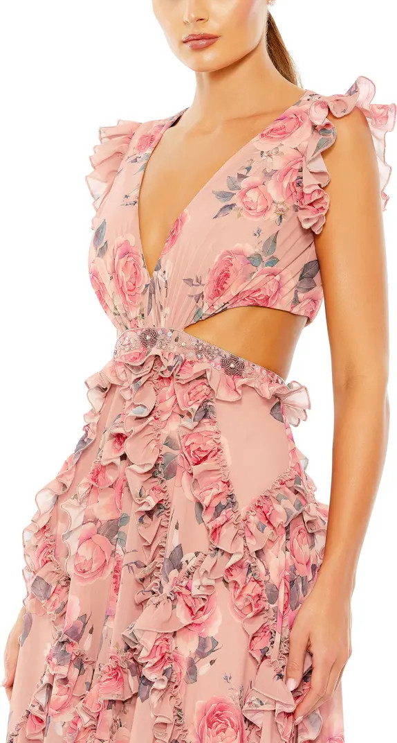 Floral Ruffle Cutout Chiffon A-Line Gown | Nordstrom