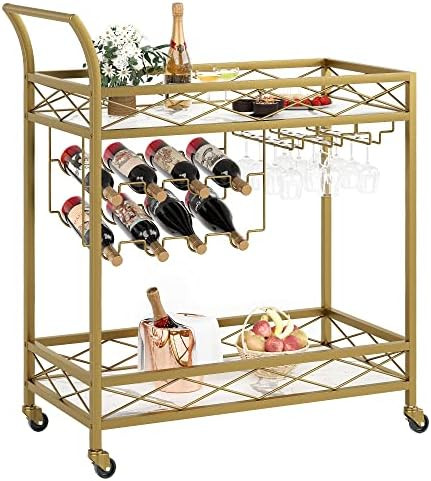 IDEALHOUSE Gold Bar Cart, 2 Tier Bar Carts for The Home, Bar Carts with 4 Wheels, White Marble Fi... | Amazon (US)