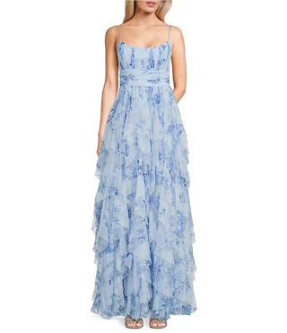 Floral Printed Mesh Pleated Scoop Neck Cascade Ruffled Dress | Dillard's