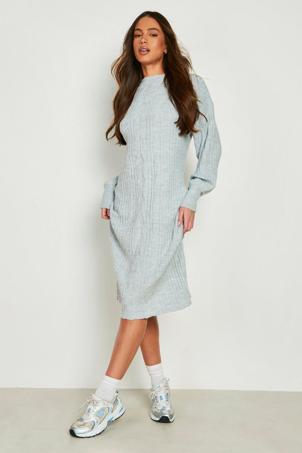 Balloon Sleeve Cable Knitted Midi Dress | Boohoo.com (US & CA)