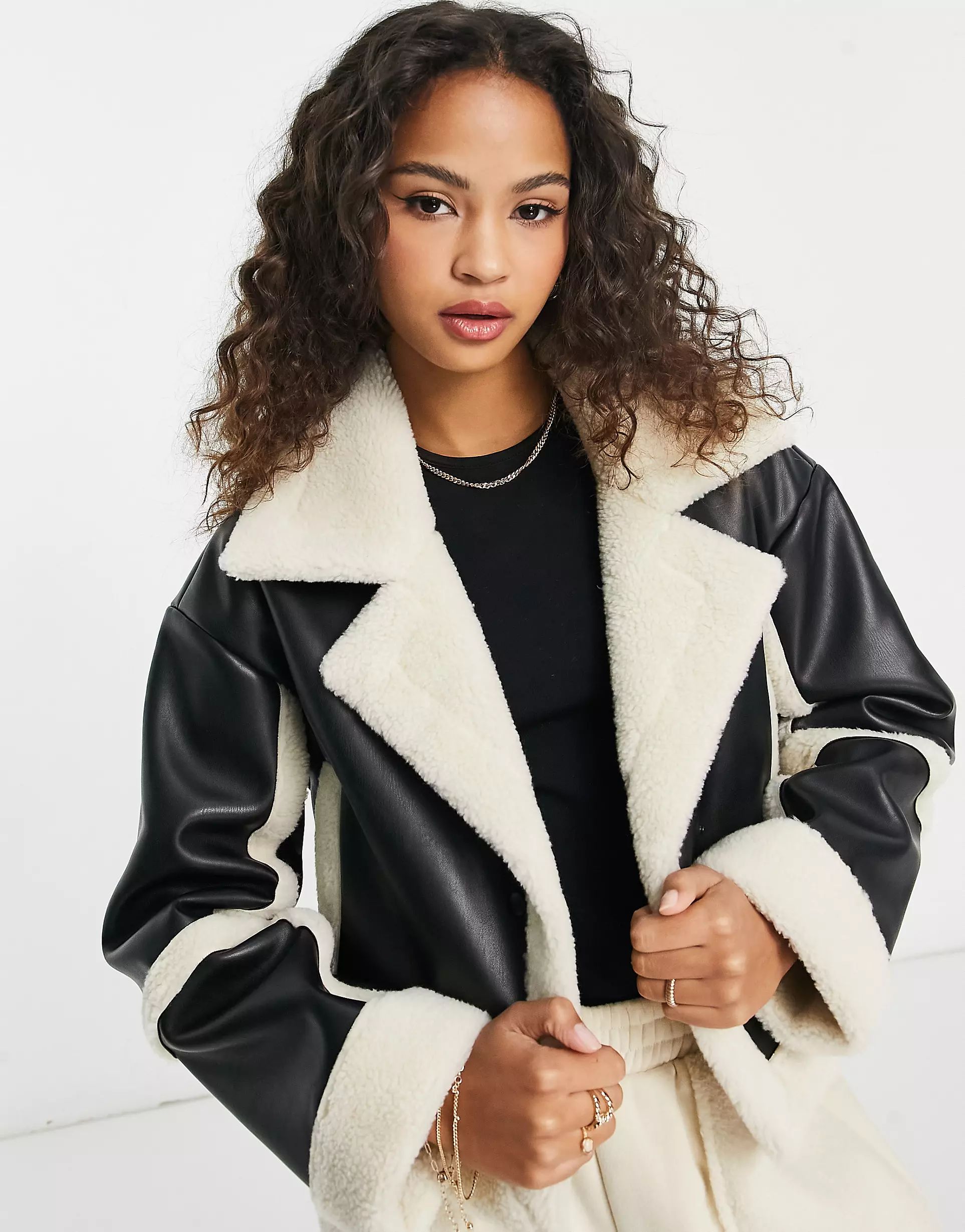 Stradivarius cropped faux leather aviator jacket with contrast trim in black | ASOS (Global)