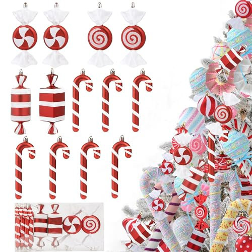 Christmas Candy Cane Lollipop Ornaments for Christmas Tree 14Pcs Xmas Plastic Peppermint Christmas Tree Hanging Pendants for Xmas Party Indoor New Year Holiday Home Decorations (Red) | Amazon (US)