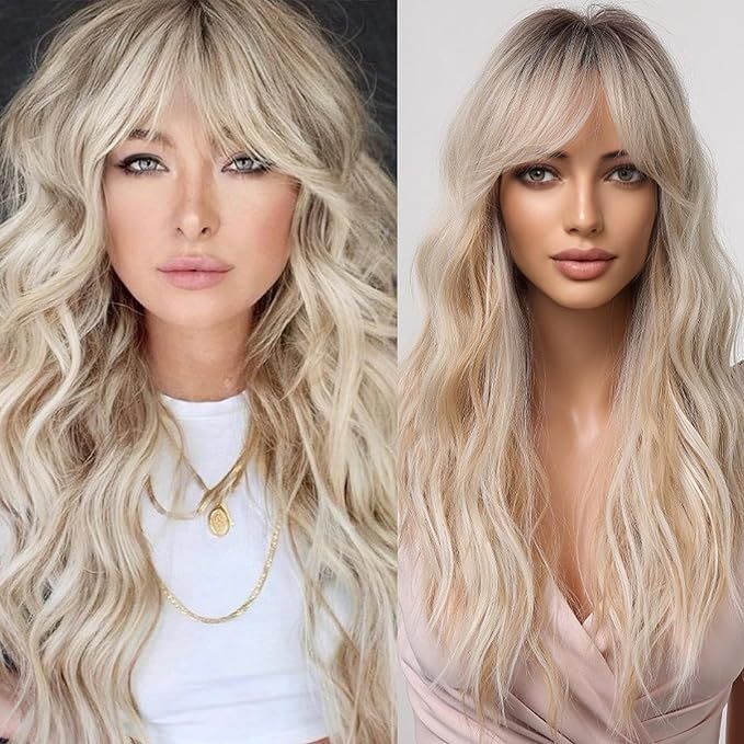 Allbell Blonde Platinum Wig for Women Long Curly Synthetic Hair with Bangs Wave Wigs with Dark Ro... | Amazon (US)