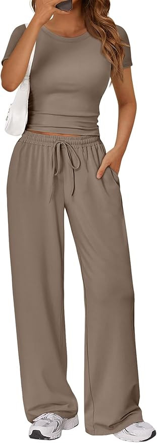 Trendy Queen 2 Piece Matching Summer Lounge Set Womens Side Ruching Top Wide Leg Pants Sets with ... | Amazon (US)