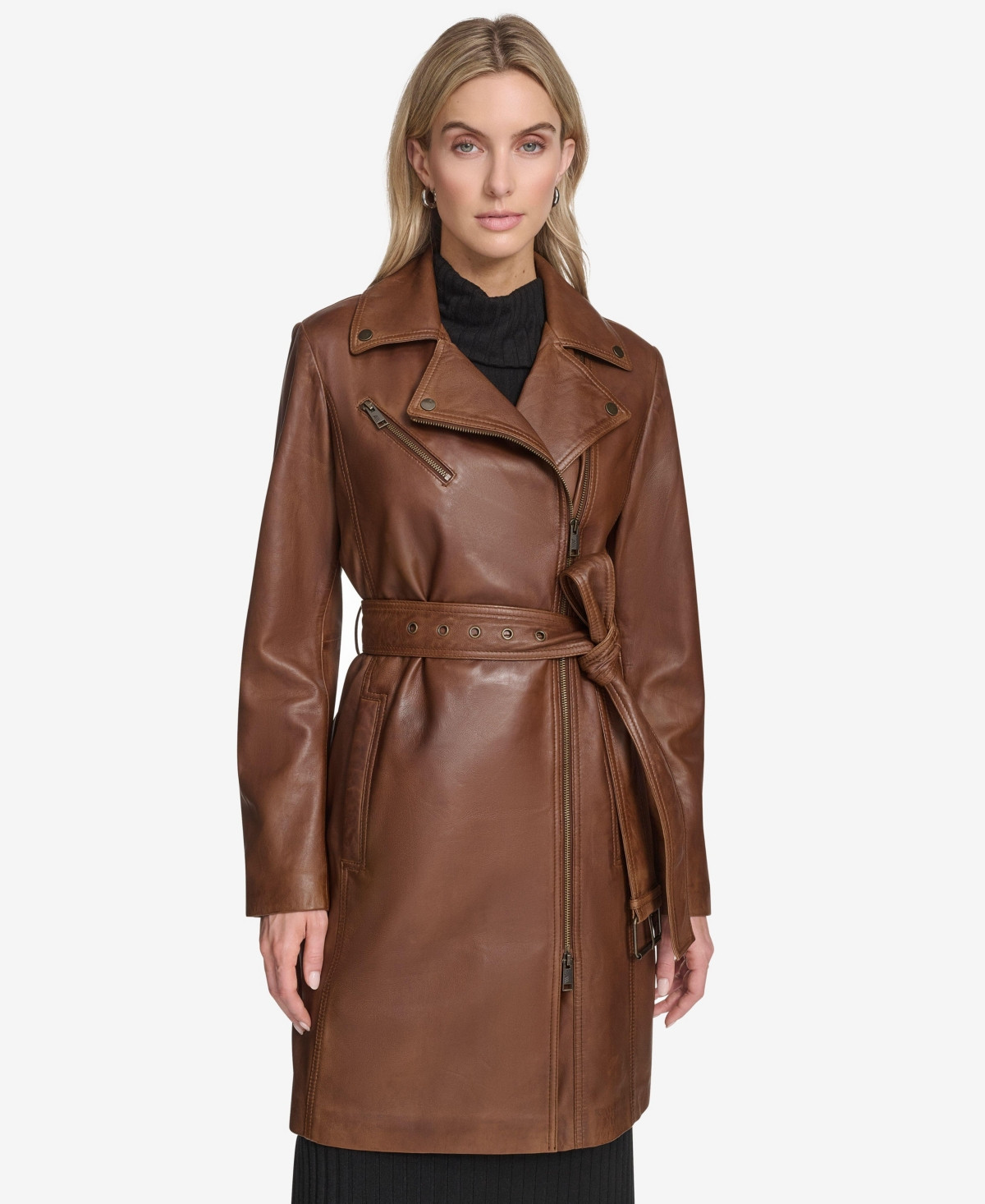 Andrew Marc Women's Jacqui Moto Style Leather Trench Coat - Cognac | Macy's