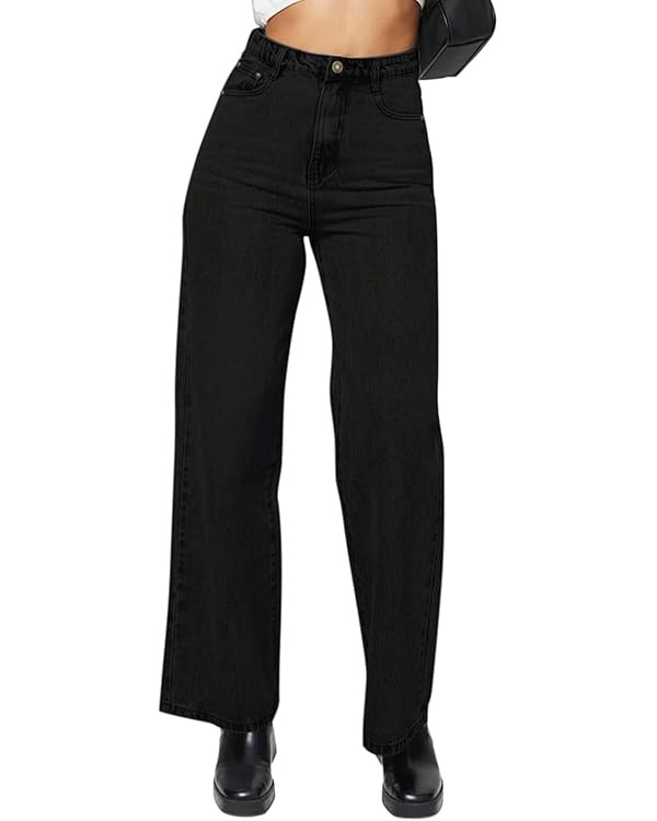 KDF Straight Leg Jeans for Women High Waisted Jeans Frayed Baggy Pants Raw Hem Loose Stretchy Cro... | Amazon (US)