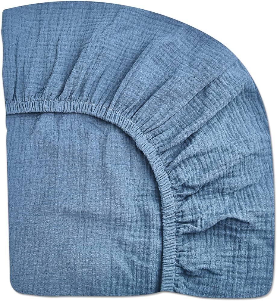 Crib Sheets for Boys Girl, Fitted Baby Toddler Bed Sheets 28" x 52", Neutral Muslin Cotton Crib Mattress Sheet with Boho Style, Soft and Breathable Comfort (Blue) | Amazon (US)