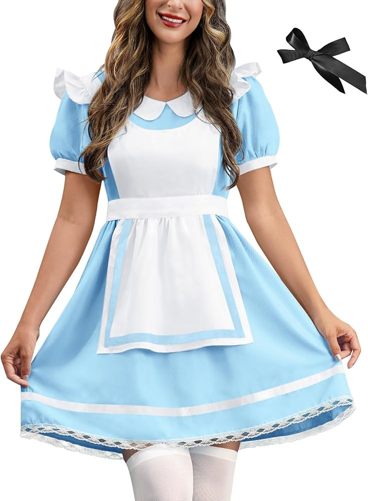 Spadehill Halloween Women Blue White Princess Costume Short Sleeve Dress | Amazon (US)