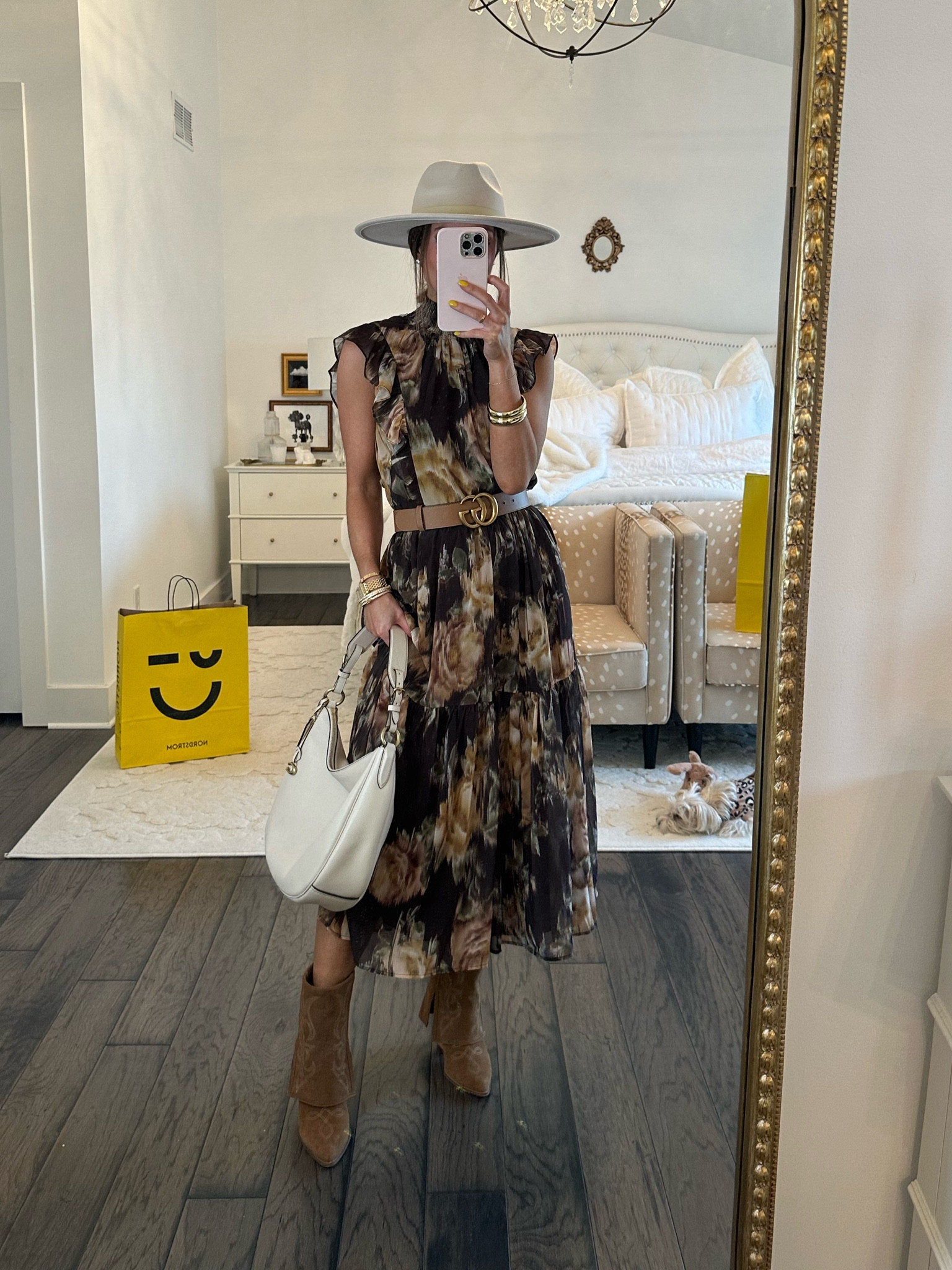 treasure & bond hat 
steve madden floral dress (tts, xs)
steve madden western boots (tts)
coach bag

#LTKxNSale #LTKunder100 #LTKstyletip