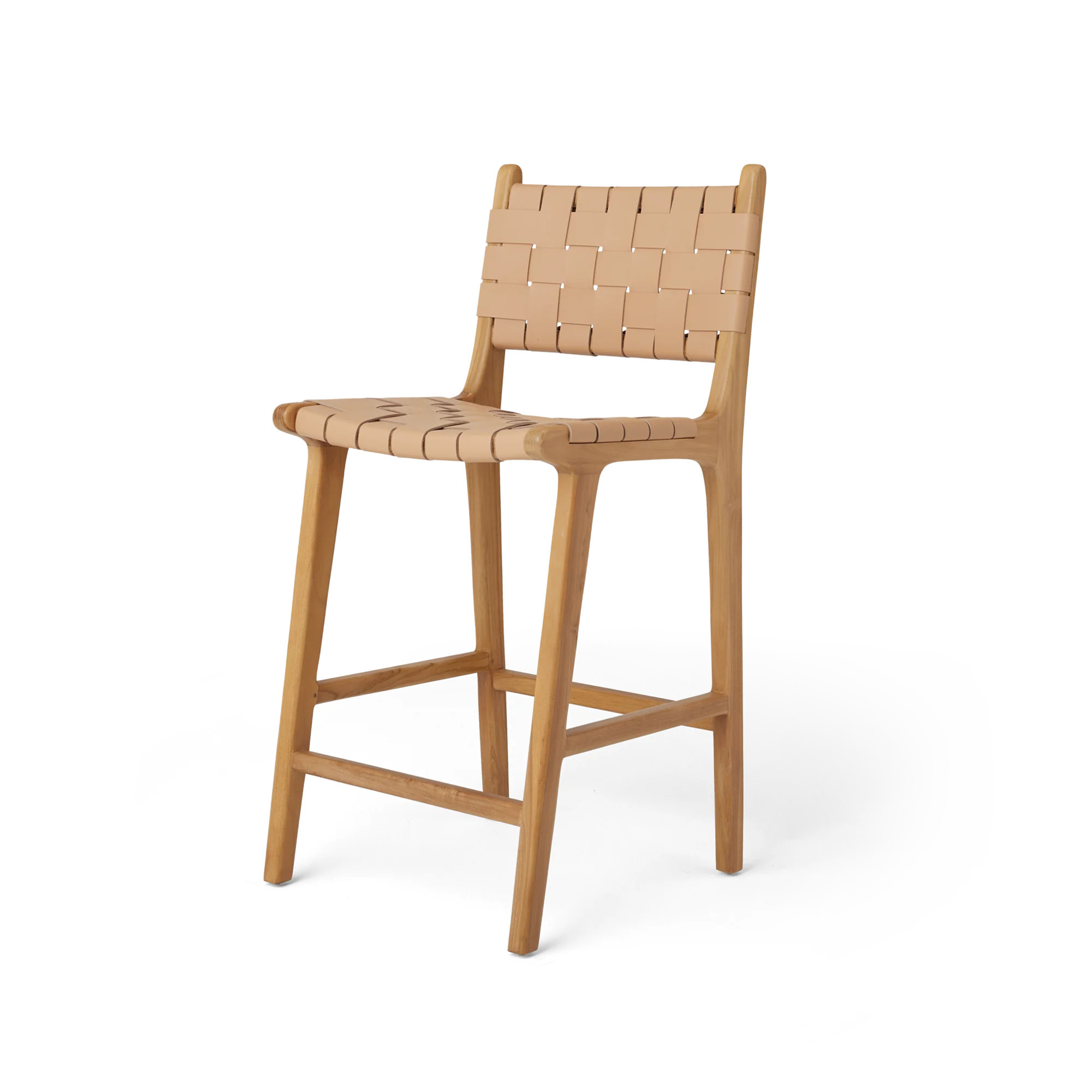Stool #2 - Counter Stool in Teak with Woven Neutral Leather | Hati Home