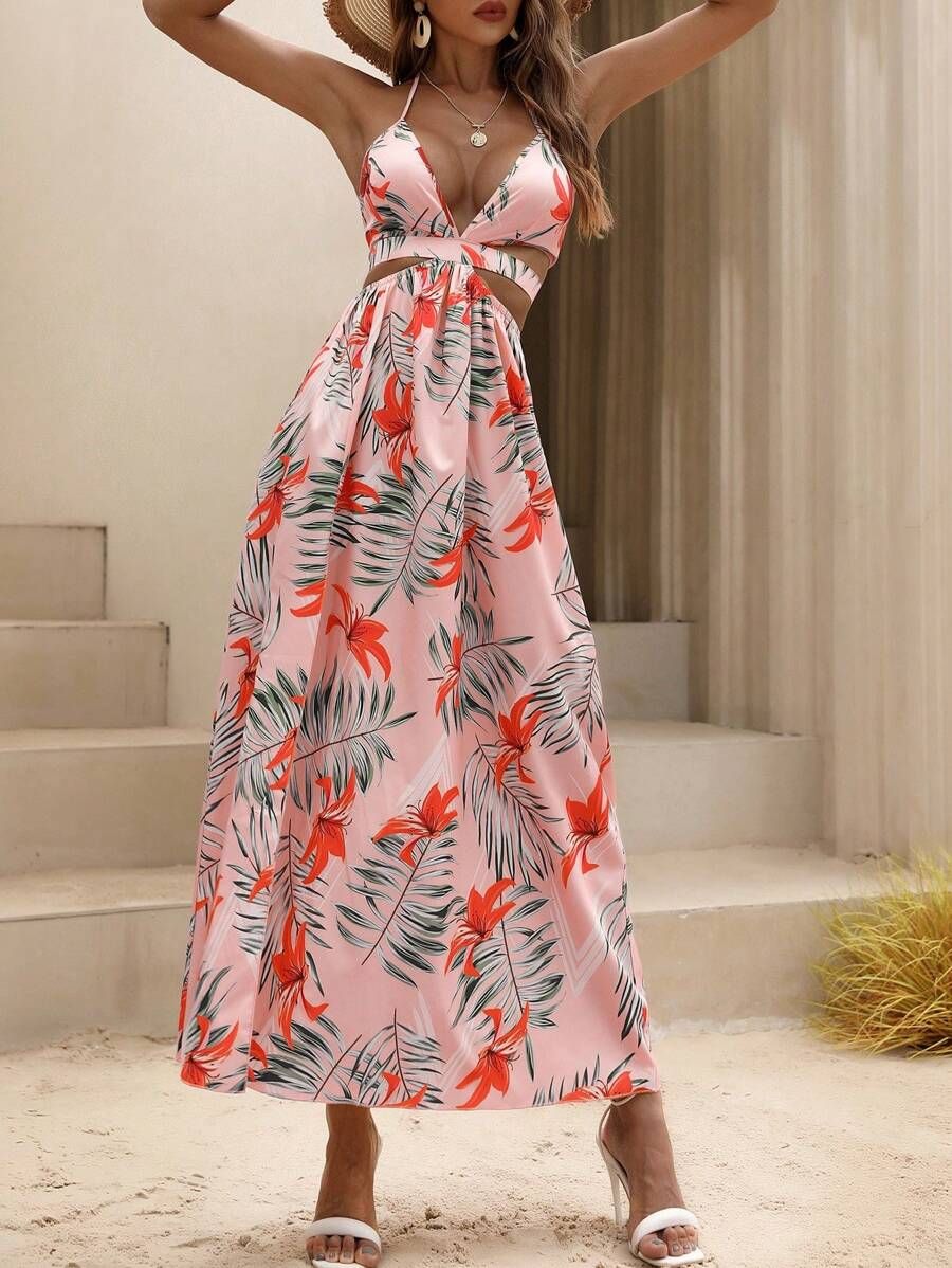 SHEIN VCAY Tropical Print Tie Backless Halter Neck Dress | SHEIN