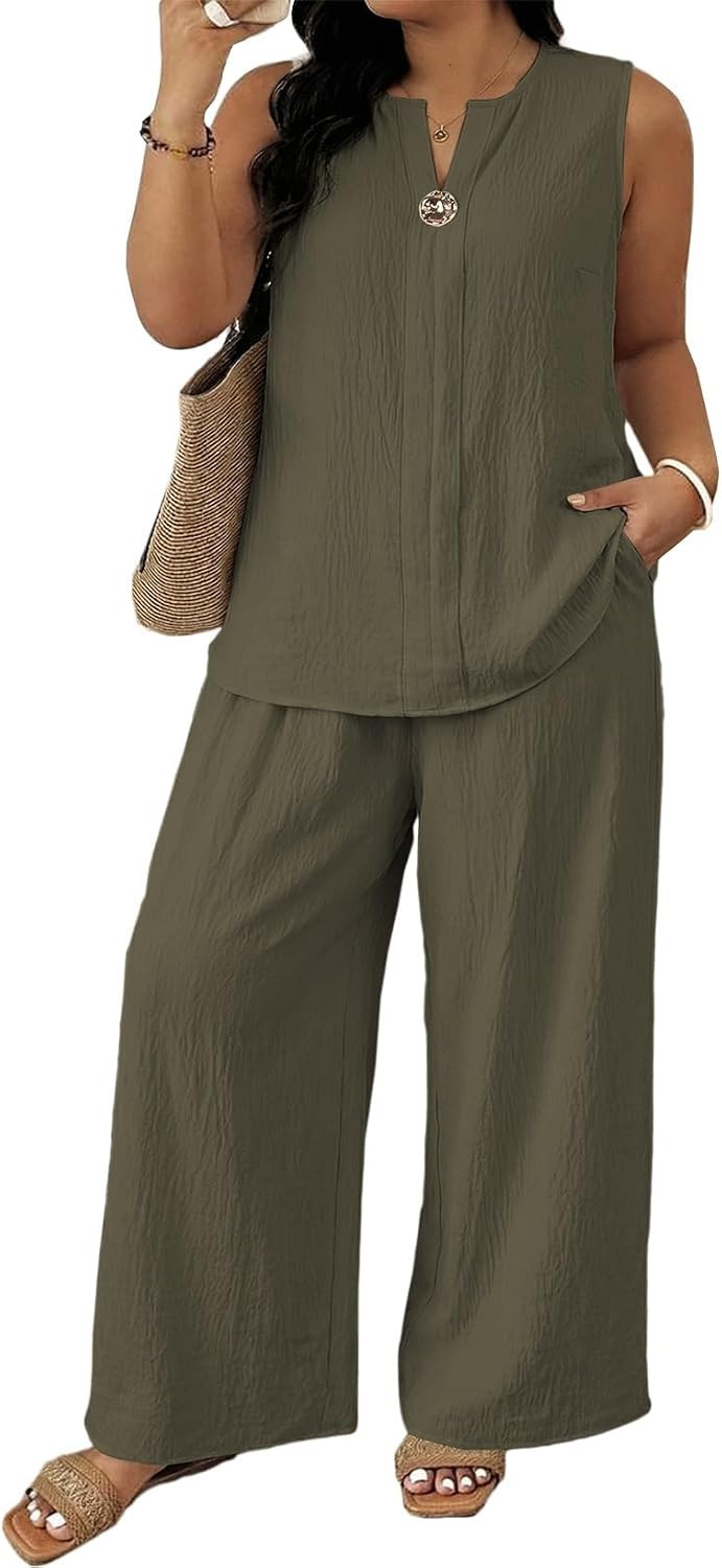 Eytino Plus Size 2 Piece Sets for Women Summer Travel Vacation Outfits Sleeveless Tops Wide Leg Pants Matching Sets(1X-5X) | Amazon (US)