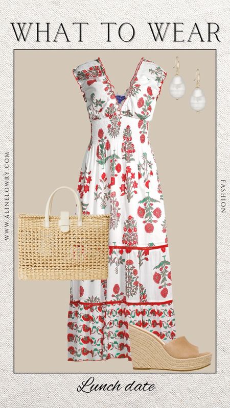 What to wear for a lunch date while on vacation. European summer outfit idea. Gorgeous floral dress outfit idea. 
Floral midi dress and gorgeous woven straw tote bag.

#LTKU #LTKSeasonal #LTKstyletip
