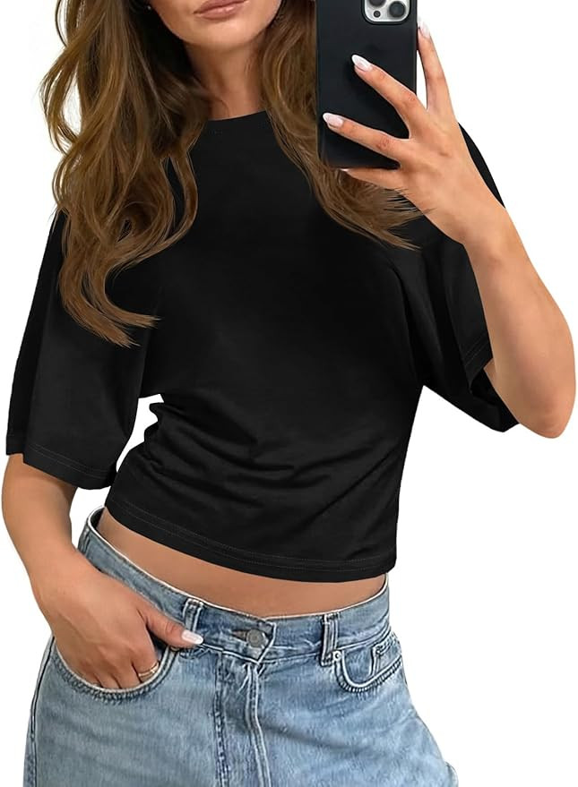 Tankaneo Womens Summer Short Sleeve Crop Tops Waisted Going Out Trendy Casual Loose Fit Basic Tee... | Amazon (US)