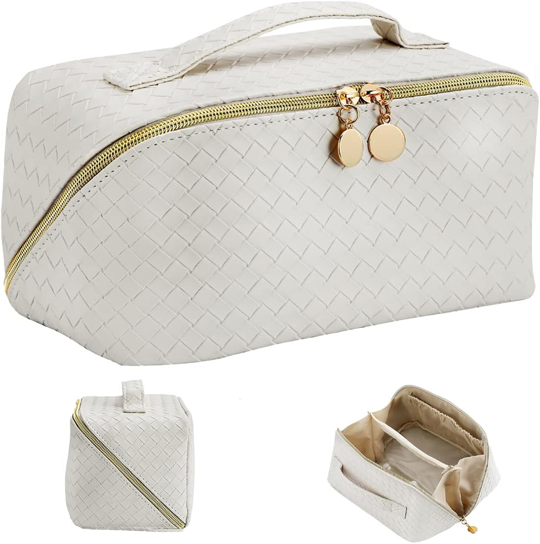 TrueLux Upgrade Woven Leather MakeupBag, Large-Capacity Travel Cosmetic Bag with Handle Divider,P... | Amazon (US)