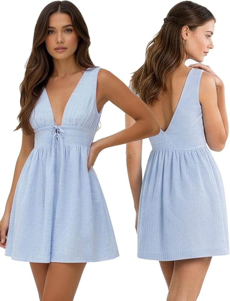 Women's 2026 Summer Lightweight Mini Dress, Tie Waist V-Neck Flowy Hem Breezy Beach Vacation Casu... | Amazon (US)