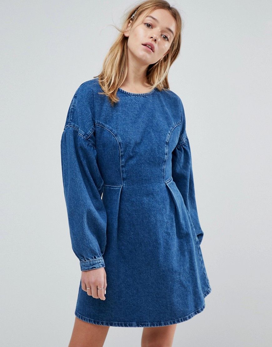 ASOS Denim Balloon Sleeve Dress in Mid Blue Wash - Blue | ASOS US