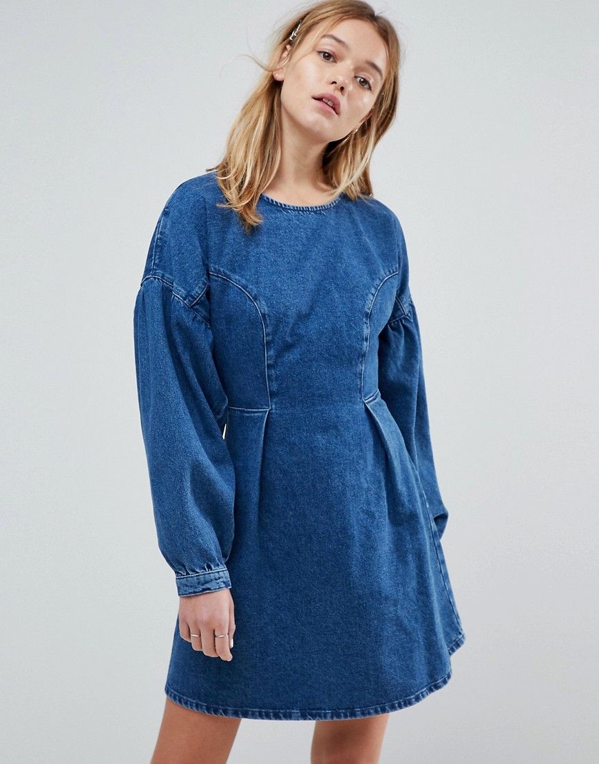ASOS DESIGN denim balloon sleeve dress in midwash blue - Blue | ASOS US